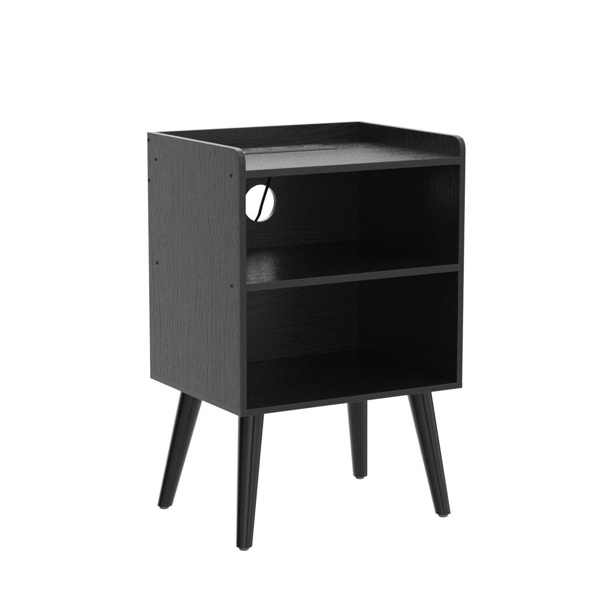 LAKEMID Night Stand with Charger Station, Bedside Table with LED Lights, Side Table with Fast USB-C Port, Nightstand with Solid Wood Feet, Small End Table for Bedroom, Living Room, Black LAKEMID