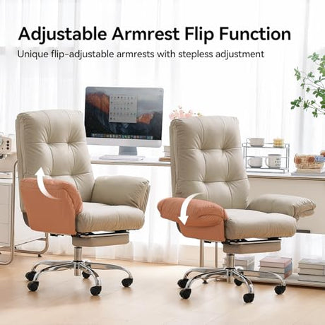 EMIAH Office Chair with Foot Rest Criss Cross Chair with Wheels and Flip-up Arms Reclining Desk Chair Comfy Wide Seat PU Leather Rolling Computer Home Office Chair (Beige) EMIAH