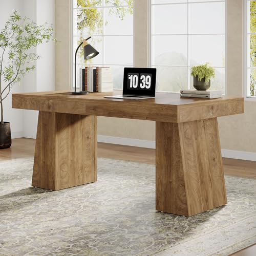 Tribesigns 55" Executive Desk, Wooden Office Desk with Double Pedestal, Modern Simple Computer Writing Table for Home Office, Light Brown Tribesigns