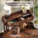 Cooday Console Table with Solid Wood Leg,Fluted Entryway Table with Storage Drawers, Mid-Century Modern Narrow Console Table for Living Room,Hallway,Walnut Cooday