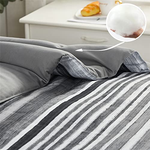 KAKIJUMN 7 Piece Bed in a Bag Stripe Comforter Set Full Size, White Grey Black Patchwork Striped Comforter and Sheet Set, All Season Soft Microfiber Complete Bedding Sets(Grey,Full) KAKIJUMN