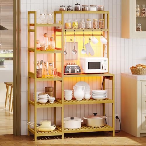 FORABAMB Bakers Rack with Power Outlet, Coffee Bar, 10-Tier Kitchen Shelves with 8 Hooks, Microwave Stand Kitchen Rack Freestanding Utility Storage Shelf, 15.7 x 41 x 65 Inches, Bamboo