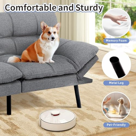 MUUEGM Futon Sofa Bed 71" Ash Convertible Memory Foam Futon Couch Bed Modern Loveseat Sleeper with Adjustable Backrests Armrests for Living Room,Small Space,Office MUUEGM