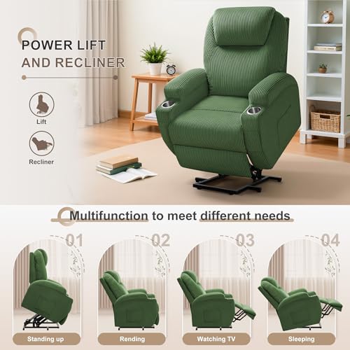 Flamaker Power Lift Recliner Chair Electric Lift Recliner for Elderly Power Lift Recliner Chair with Cup Holders Side Pockets for Living Room (Corduroy, Green)