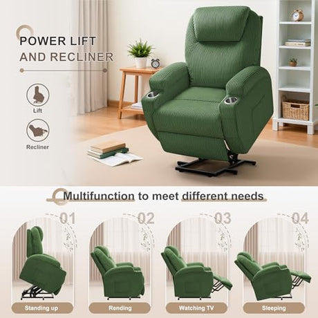 Flamaker Power Lift Recliner Chair Electric Lift Recliner for Elderly Power Lift Recliner Chair with Cup Holders Side Pockets for Living Room (Corduroy, Green) Flamaker