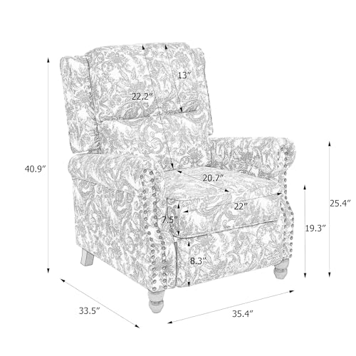 Pushback Recliner Chair, Comfy Fabric Wingback Recliner Chair, Upholstered Armchair Push Back Recliner with Wood Legs, Rivet Trim Single Sofa Accent Chair for Living Room, Bedroom, Rococo Green