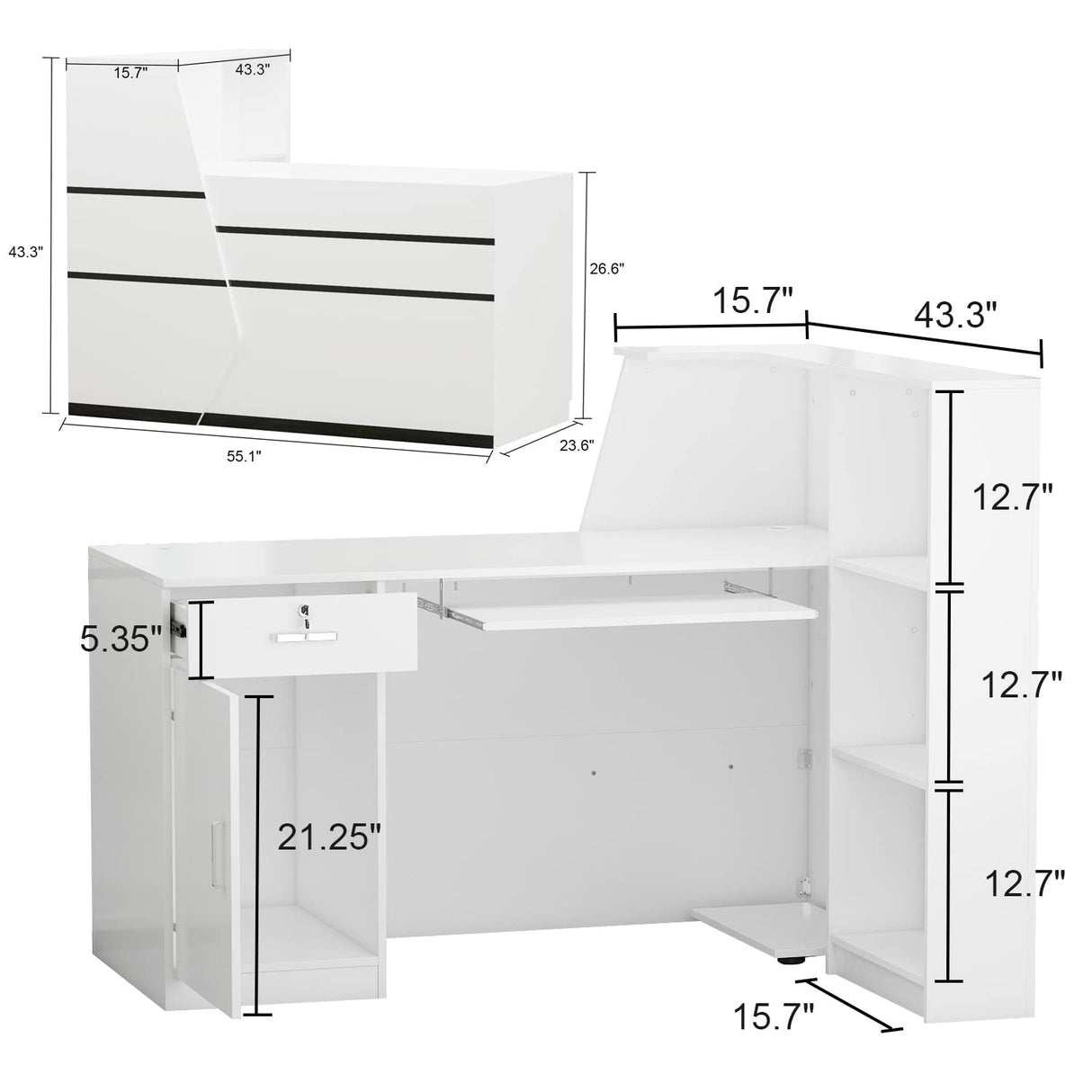 ECACAD Reception Desk with Lockable Drawer, Open Shelves & Keyboard Tray, Office Desk Reception Counter Table with Cabinet and Black Stickers, White (55.1”W x 43.3”D x 43.3”H) ECACAD