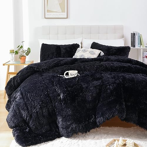Smoofy Fluffy King Size Comforter Set, Faux Fur Black Comforter Set, Luxury Fuzzy King Bedding Set, Soft Shaggy Bed Set for All Season, 3 Pieces - 1 Comforter & 2 Pillowcases, Smoofy