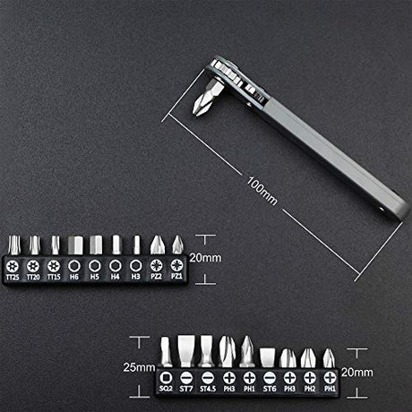 MULWARK 20pc 1/4 Ultra Low Profile Mini Ratchet Wrench Close Quarters Screwdriver Set with High Torque - Right Angle EDC Tool with 90 Degree Mini Offset Reversible Drive Handle & Multi Hex Bits Set MULWARK