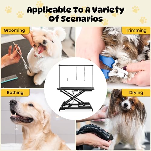 Innvello 49.2" Electric Grooming Table for Large Dogs, Foldable Hydraulic Height Adjustable Home Indoors with Overhead Grooming Arm, Clamps, Foot Control and 3 Nooses Suitable for Cat&Dog/Black