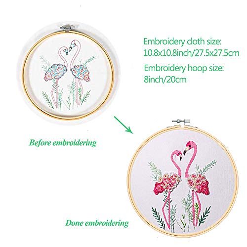 Konrisa Flamingo Embroidery Kit for Beginners with Pattern Floral Stamped Full Range of Embroidery Starter Kit for Adults Cross Stitch Kit with Embroidery Cloth, Hoops, Color Thread and Tools,Set of 2