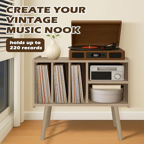 Montex Record Player Stand with Vinyl Storage, Wooden Record Player Table with 5 Cabinet, Large Vinyl Record Player Stand, Record Player Holder, Record Player Shelf for Office Living Room, White Oak Montex