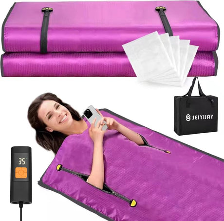 SEIYIJAY Infrared Sauna Blanket, Upgraded Detox Blanket with Remote, Includes 5 Plastic Sheeting for Body Wrap (Purple) SEIYIJAY