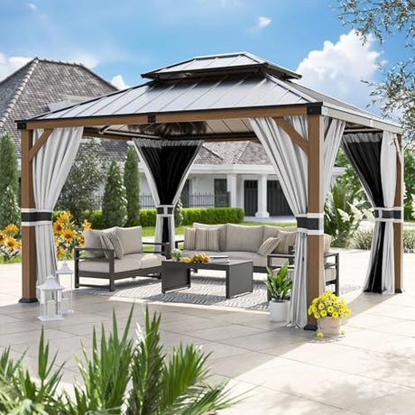 UDPATIO 10' x 12' Hardtop Gazebo, Wood Grain Finish Aluminum Frame Outdoor Gazebo with Galvanized Steel Double Roof, Metal Gazebo Canopy with Curtain and Netting for Garden, Patio and Deck, Grey UDPATIO