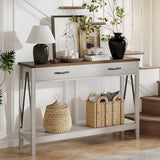 ChooChoo 47'' Farmhouse Console Table with Drawer, Entryway Table with Storage Shelf, Rustic A-Design Sofa Table for Hallway, Entrance, Living Room, White&Brown ChooChoo