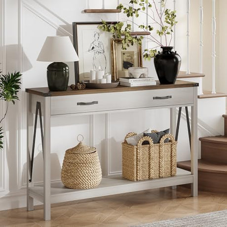 ChooChoo 47'' Farmhouse Console Table with Drawer, Entryway Table with Storage Shelf, Rustic A-Design Sofa Table for Hallway, Entrance, Living Room, White&Brown ChooChoo