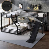 Bellemave L-Shaped Triple Bunk Bed Twin XL Over Queen with Slide, Desk & USB Ports, Metal Floor Bunk Beds with 2 Ladders & Guardrails for Kids Teens, Black Bellemave