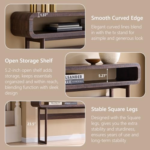 IFGET 63-Inch Long Console Table, 31.5" Tall Modern Entryway Table with Open Storage Shelf, Curved Profile Design, Narrow Wood Sofa Table Behind Couch Tables for Living Room, Hallway, Foyer, Brown IFGET