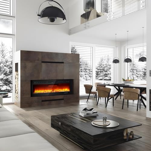 Zstar 60" Electric Fireplace Recessed and Wall Mounted with Remote Control, 750-1500W Fireplace Heater with Timer, Thermostat, Low Noise, Adjustable Flame Color, Speed & Brightness, Log & Crystals Zstar