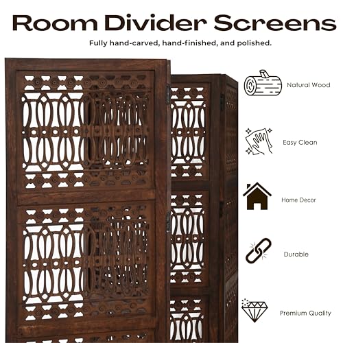 Room Divider Screen, 4-Panel Folding Wood Screen Pattern, Antique Brown, 72 x 80 Inches, Hand Carved Decorative and Functional, Reversible, Portable Privacy Partition, Boho Style – Bedding Craft Bedding Craft