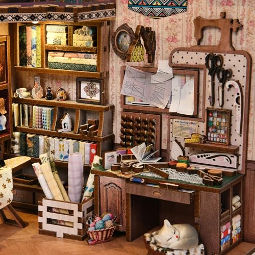 fifijoy Book Nook Kit, LED 3D Wooden Puzzle with Dust Cover, 460 Wooden Pieces, DIY Bookshelf Insert Decor Gifts for Book Lovers (Sewing Room)