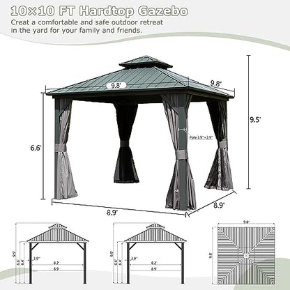 Domi 10' X 10' Hardtop Gazebo, Aluminum Metal Gazebo with Galvanized Steel Double Roof Canopy, Curtain and Netting, Permanent Gazebo Pavilion for Patio, Backyard, Deck, Lawn