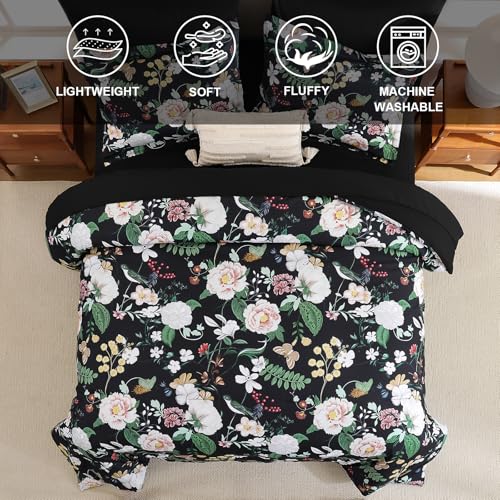 Anibedding 7Pieces Floral Queen Size Comforter Set, Garden Plant Flower Style Bed in a Bag Black White Bedding Comforter Set with Pillow Case for Bedroom Anibedding