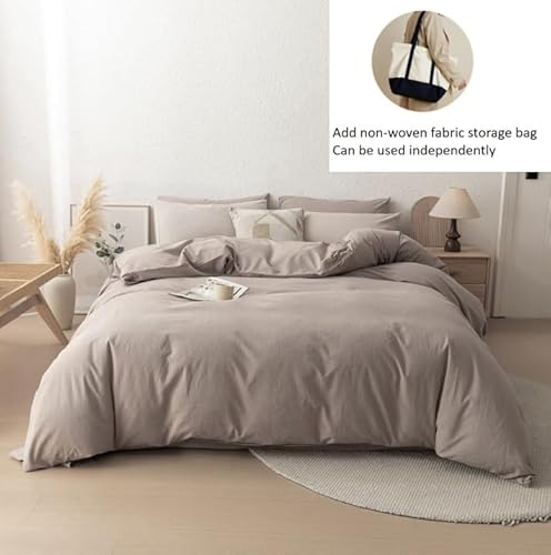 linenestbedding 100% Washed Cotton Duvet Cover Set Queen Size with Bag,Ultra Soft and Lightweight, All Season Bedding with Zipper and Ties, Minimalist Neutral Style (Light Khaki, Queen(90"x90")) linenestbedding