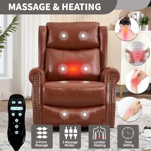 PELUMY Genuine Leather Swivel Rocking Recliner Chair for Adults, 360° Swivel Glider Rocker with Heat & Vibrating Massage, Lounge Chair for Living Room, Bedroom, Nursery (Tangerine-Red Brown)