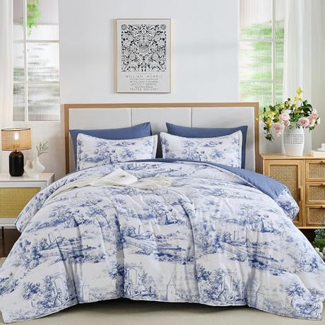 WONGS BEDDING Blue Comforter Set Full, 7 Pieces Bed in a Bag Blue Comforters with Sheets, Vintage Farmhouse Botanical Print Bed Sets, Soft Lightweight Microfiber Complete Bedding Set for All Season WONGS BEDDING