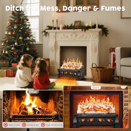 KISSAIR Electric Fireplace Log Inserts Heater, 21'' Freestanding Electric Fireplace Log Set, 5 Flame Brightness, 5 Flicker Speed, Heater 750W/1500W with Remote Control, Overheat Protection KISSAIR