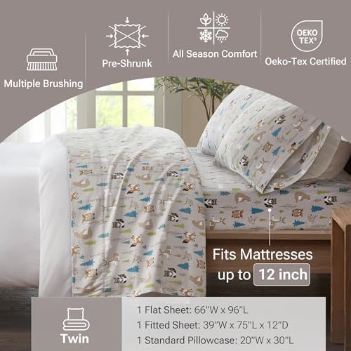 True North by Sleep Philosophy Cozy Flannel Warm 100% Cotton Sheet - Novelty Print Animals Stars Cute Ultra Soft Cold Weather Bedding Set, Twin, Multi Forest Animals 3 Piece Sleep Philosophy