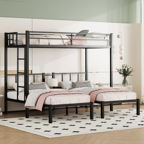 Twin Size Bunk Bed, Metal Triple Bed, Twin XL Bunk Beds for 3, Detachable Triple Bunk Bed for Kids & Teens, Black Bellemave