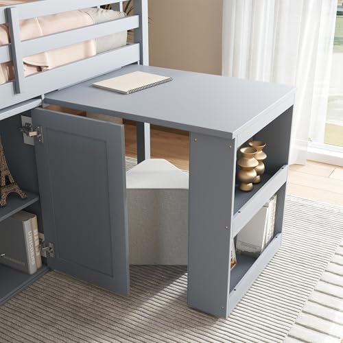 Merax Loft Bed Twin Size with Pull Out Desk, Low Loft Bed with Underneath Cabinet, 3 Side Drawers and Shelves, Wood Bed Frame with Guardrails and Ladder, Wood Slat Support, No Box Spring Need, Gray Merax