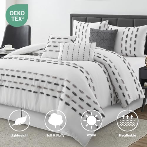 LANCO MODERN LIFESTYLE White Grey 7 Piece Comforter Set, King, Clip Waffle Texture Stripe Design, Soft Polyester Bedding for All Seasons, Includes Bedskirt, Shams and Decorative Pillows LANCO MODERN LIFESTYLE