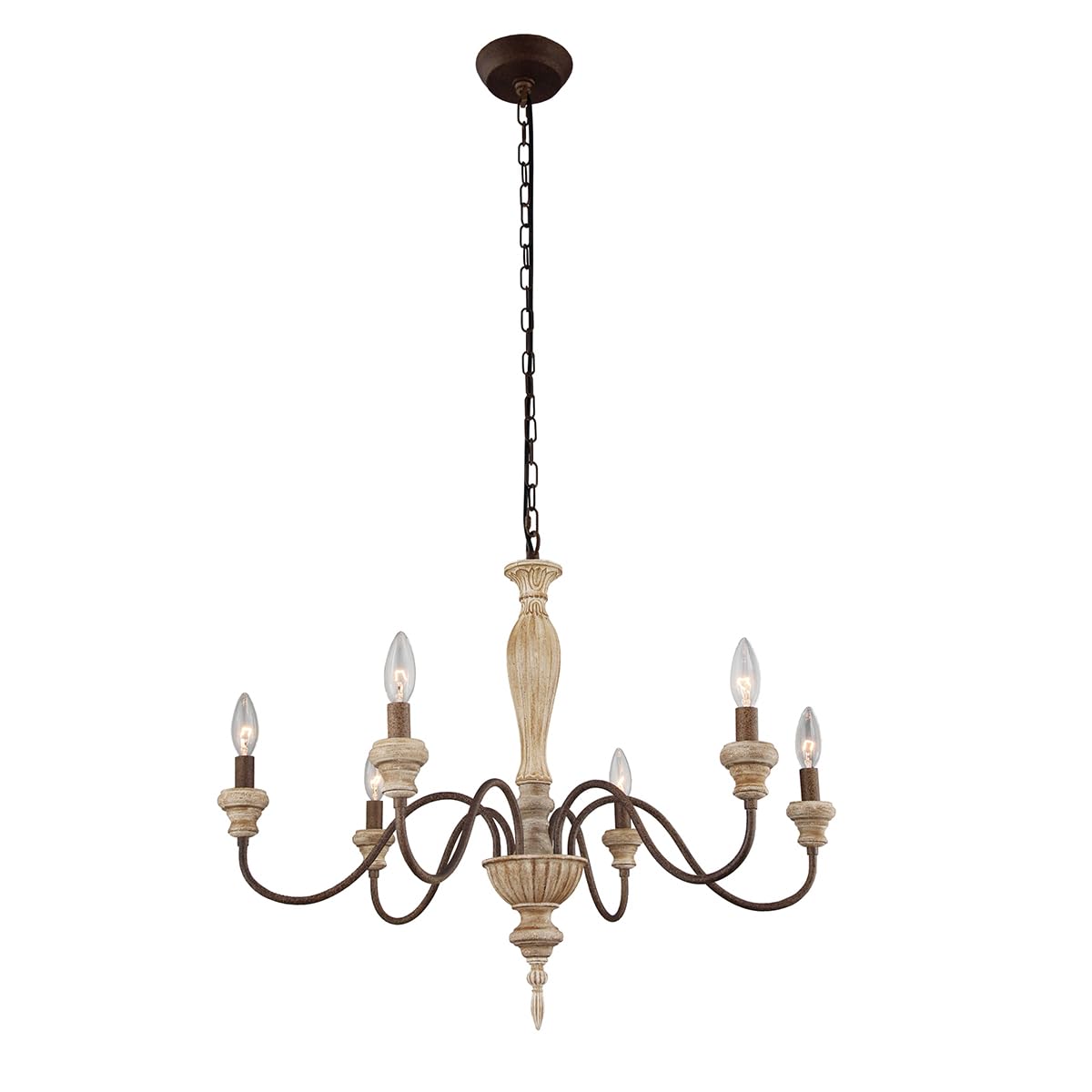 Fminlla French Country Chandelier 6-Lights Vintage Farmhouse Candle Style Chandelier Rustic Handmade Distressed Wood Chandelier for Dining Room Light Fixture, Living Room, Bedroom,Kitchen, E12 Fminlla