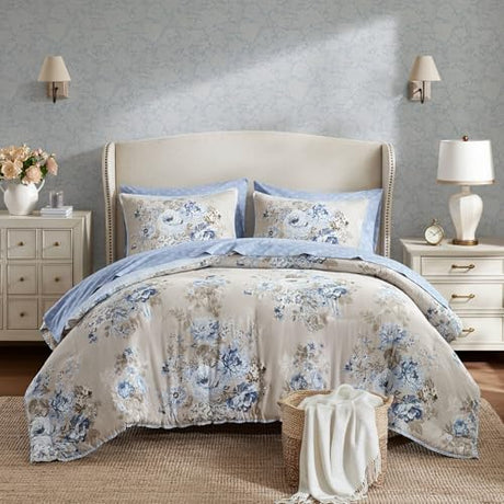 Madison Park Essentials Floral Comforter Set Queen Size, Vintage Flower Bedding Set with Sheet Set, 7 Pieces Bed in a Bag with Reversible Botanical Comforter, Pillowcases & Shams, Heather, Beige/Blue Madison Park