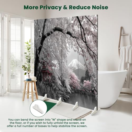 Large 4 Panels Folding Screen Room Divider Japanese Pink Cherry Blossom Mount Pictures Blossoms Pagoda Calm Boho Divider for Room Separation Portable Privacy Partition Screen Indoor VETEB