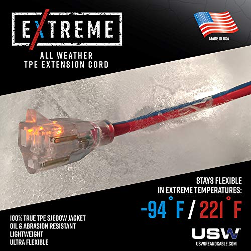 US Wire 99100 12/3 100-Foot SJEOW TPE Extreme Weather Extension Cord Blue with Lighted Plug - WoodArtSupply