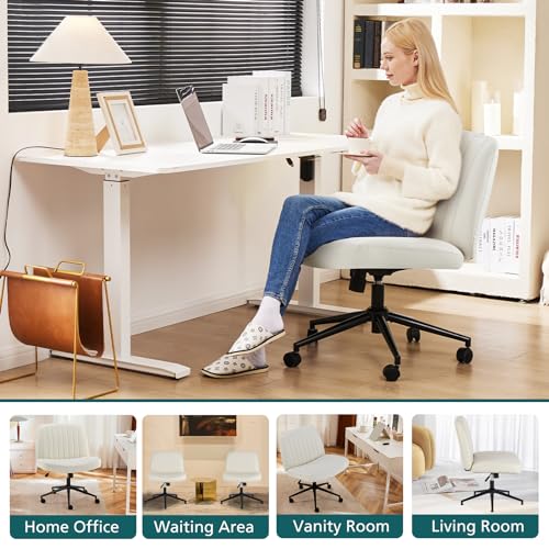 OLIXIS Criss Cross Chair with Wheels Wide Cross Legged Office Desk Vanity Chair Comfy Fabric Armless Adjustable Swivel for Home Computer Task PU Beige OLIXIS