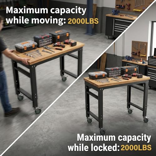 Garage Rolling Workbench - 35"X20" Adjustable Height Work Bench with Lockable Wheels | 2000Lbs Heavy Duty Rubber Wood Top Work Table Tool Bench for Workshop, Garage, Office, Home Nanberone
