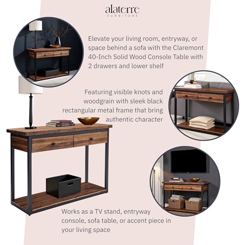 Claremont 43-Inch Solid Wood Console Table with Drawers and Lower Shelf – Rustic Industrial Entryway, Sofa, or TV Table with Acacia Wood Top and Black Metal Frame by Alaterre Furniture (Dark Brown) Alaterre Furniture