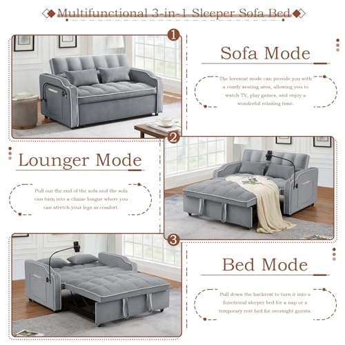 Pull Out Sofa Bed with Phone Holder, Convertible Velvet Loveseat Sleeper with 2 USB Charging Ports, Modern Futon Couch with Cup Holders and Adjustable Backrest, Love Seat for Living Room, Light Grey