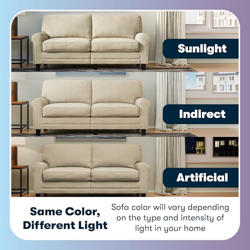 Serta Copenhagen Rolled Arm Sofa, Easy Care Polyester, Soft Pillow Back, Pocket Coil Seat Cushions, Removable Covers, Couch for Small Spaces, Living Rooms or Bedrooms, 61" Loveseat, Tan Serta