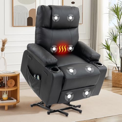 Power Lift Recliner Chair for Elderly, Electric Stand Assist Reclining Chair with Massage and Heat Function, Leather Living Room Furniture, Comfy Single Sofa with Cup Holders, Side Pockets, Black BRTHORY