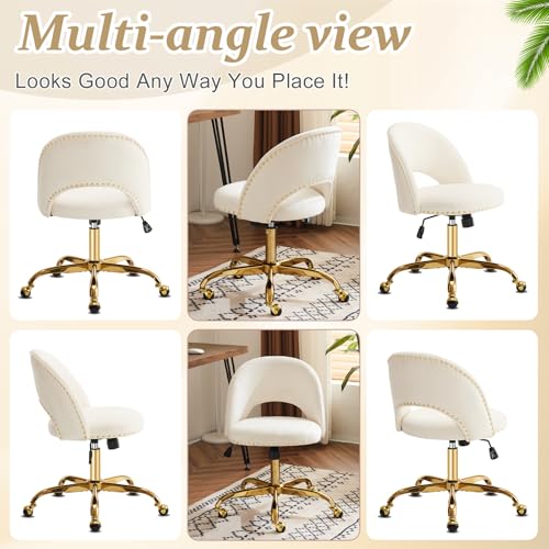 VINGLI Modern Velvet Small Office Chair,Cute Desk Chair with Wheels,Gold Base/Studs, Comfy Armless Swivel Vanity Task Chair for Women/Girl/Kids, Nail Tech Chair for Bedroom,Small Space,White VINGLI