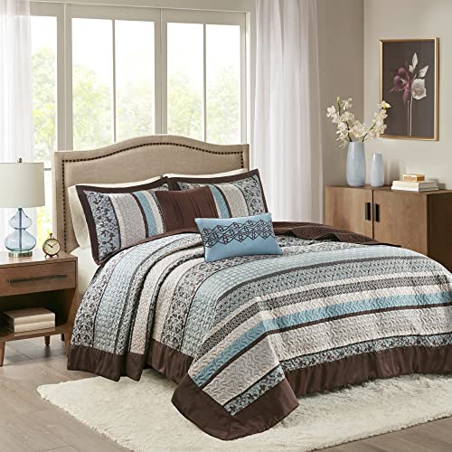 Madison Park Princeton Reversible Quilted Bedspread Set, Solid Reverse Summer Breathable, Lightweight All Season Bedding Layer, Matching Shams, Bedspread King(120"x118"), Blue 5 Piece Madison Park