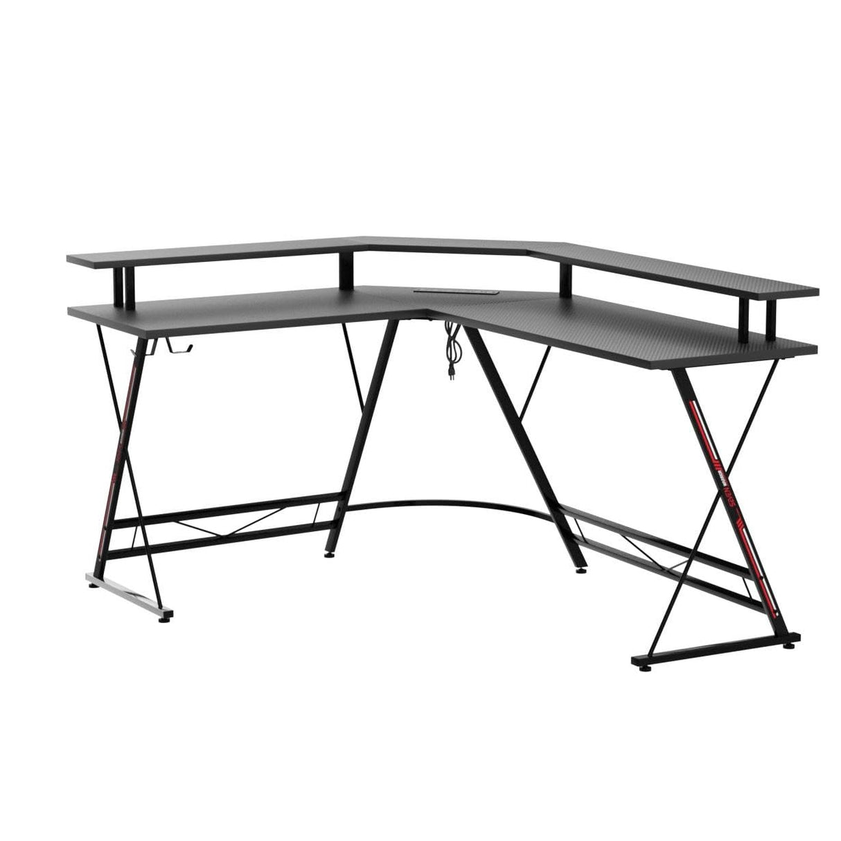 SEVEN WARRIOR L Shaped Gaming Desk with LED Lights & Power Outlets, 58” Computer Desk with Monitor Stand & Carbon Fiber Surface, Corner Desk with Cup Holder, Gaming Table with Hooks, Black SEVEN WARRIOR