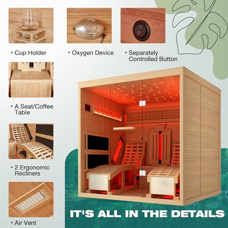 BNEHS Infrared Sauna,2 Person Luxurious Indoor Sauna with Recliner, Wooden Sauna with 7-Color Starry Ceiling,9 Heating Tubes,5 Carbon Panels,2-in-1 Door Handle,Himalayan Salt Brick,220V BNEHS