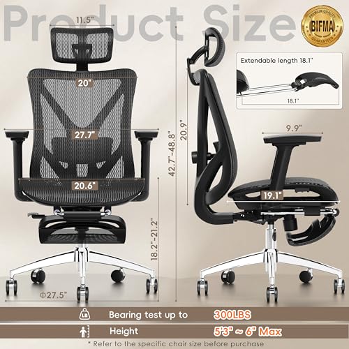 GABRYLLY Ergonomic Office Chair with Footrest, 135° Reclining Desk Chair with Adjustable Lumbar Support,3D Armrest,Headrest & Large Steel Base, 300LBS Heavy Duty Mesh Chair GABRYLLY